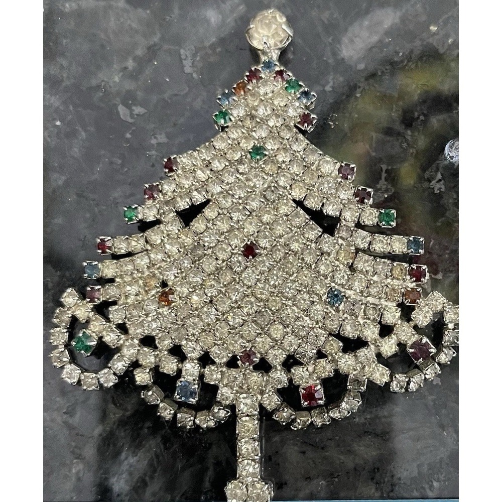 Vtg Hattie Carnegie Christmas Tree Brooch Silver Tone Rhinestone Dangle Signed